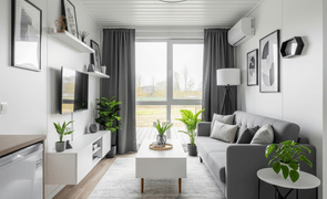 casa container compacta com moveis confortaveis como sofa tapete mesa de centro magazine decor
