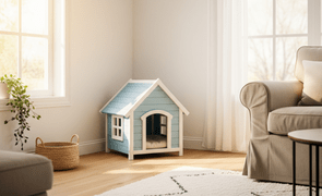 casinha de cachorro em madeira com estofado interno cor azul magazine decor