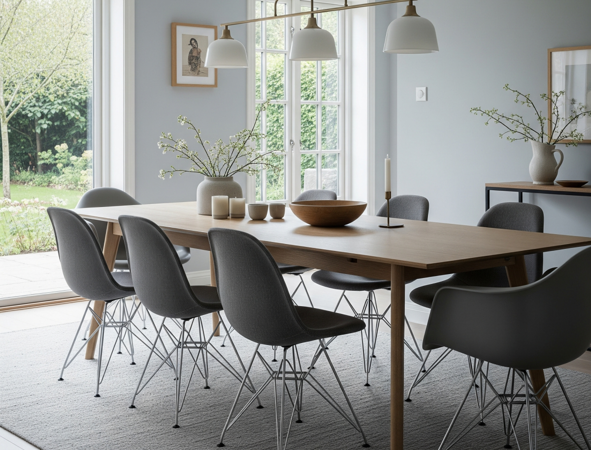 cadeira de jantar eames eiffel dws cor preta com base de metal com braco magazine decor