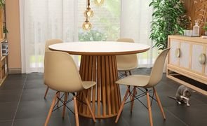 mesa de jantar redonda com base de madeira macica e tampo em mdf branco com 4 cadeiras eames eiffel cor nude magazine decor