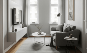 sala de estar de apartamento airbnb com sofa 2 lugares cor cinza tv 50 polegadas magazine decor