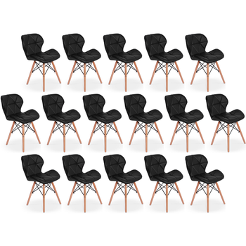 kit 16 cadeiras de jantar charles eames slim wood estofada preto