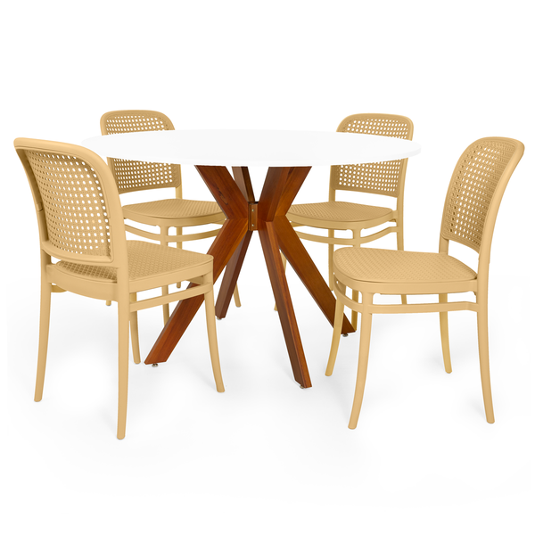 conjunto mesa de jantar redonda marci 120cm branca com 4 cadeiras roma nude