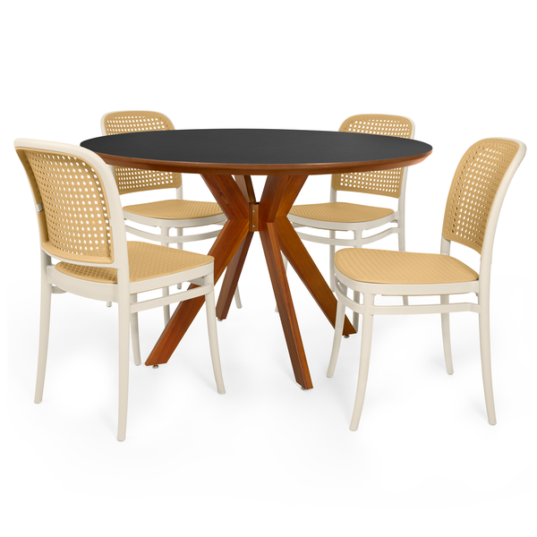 conjunto mesa de jantar redonda marci premium 120cm preto com 4 cadeiras roma bege