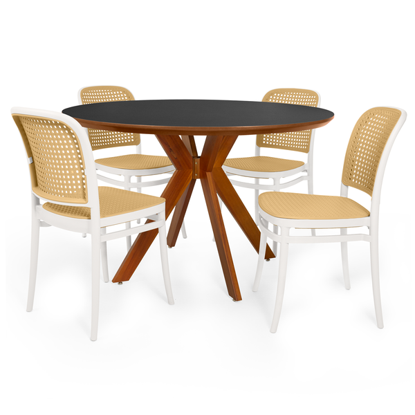 conjunto mesa de jantar redonda marci premium 120cm preto com 4 cadeiras roma branco