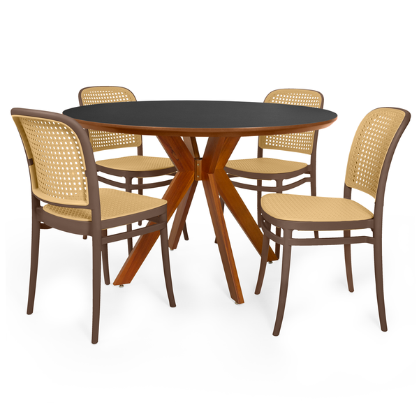 conjunto mesa de jantar redonda marci premium 120cm preto com 4 cadeiras roma marrom