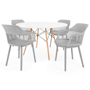 conjunto mesa de jantar redonda eiffel branca 120cm com 4 cadeiras marcela cinza