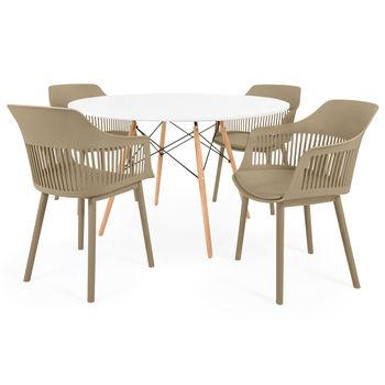 conjunto mesa de jantar redonda eiffel branca 120cm com 4 cadeiras marcela nude escuro