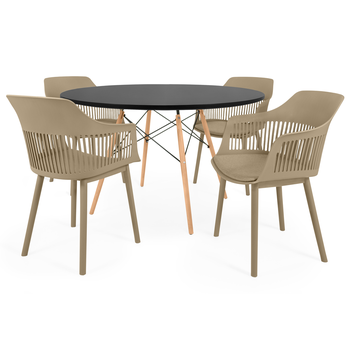conjunto mesa de jantar redonda eiffel preta 120cm com 4 cadeiras marcela nude escuro