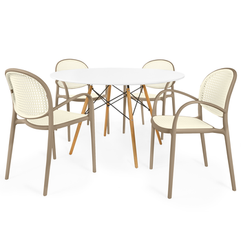 conjunto mesa de jantar redonda eiffel branca 120cm com 4 cadeiras roma com braco brancocinza escuro
