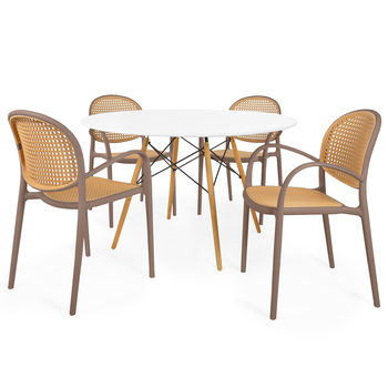 conjunto mesa de jantar redonda eiffel branca 120cm com 4 cadeiras roma com braco marrom claro