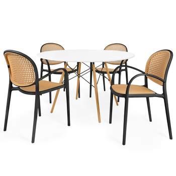 conjunto mesa de jantar redonda eiffel branca 120cm com 4 cadeiras roma com braco preto