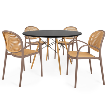 conjunto mesa de jantar redonda eiffel preta 120cm com 4 cadeiras roma com braco marrom claro