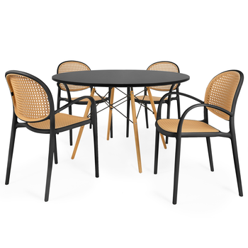 conjunto mesa de jantar redonda eiffel preta 120cm com 4 cadeiras roma com braco preto