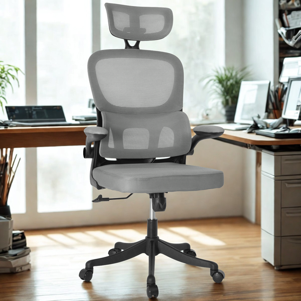 cadeira de escritorio estofada executiva viena com apoio de cabeca cinza magazine decor ambiente