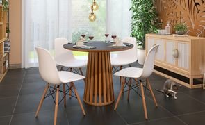 mesa de jantar redonda com base de madeira com 4 cadeiras eames eiffel cor branco magazine decor