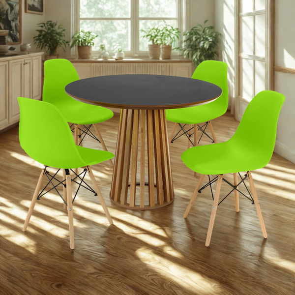 mesa de jantar redonda 100cm preta amadeirada com 4 cadeiras eames eiffel 13 ambiente