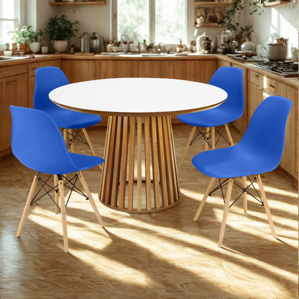 mesa de jantar redonda 120cm luana amadeirada branca com 4 cadeiras eames eiffel 3 ambiente