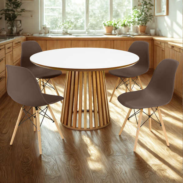 mesa de jantar redonda 120cm luana amadeirada branca com 4 cadeiras eames eiffel 8 ambiente