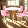 mesa de jantar redonda 120cm luana amadeirada branca com 4 cadeiras eames eiffel 11 ambiente