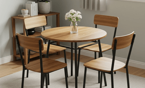 conjunto mesa de jantar redonda em madeira macica com 4 cadeiras de madeira natural com estrutura de ferro magazine decor