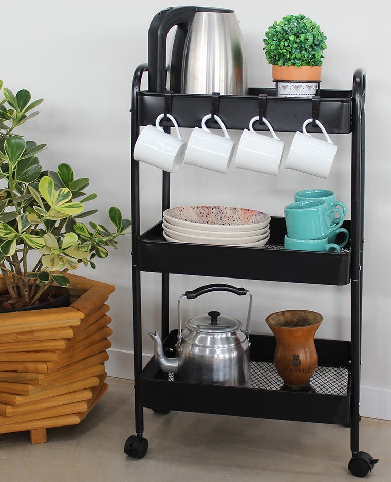 carrinho organizador multiuso 3 prateleiras versatil e funcinal cor preto magazine decor