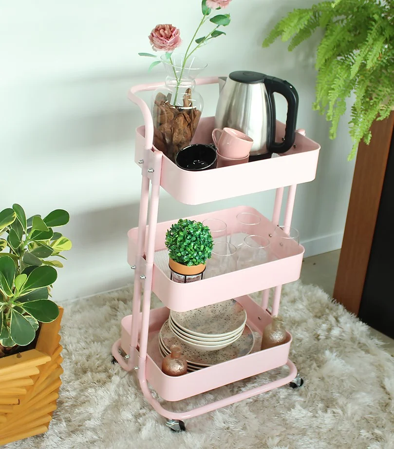carrinho multiuso organizador 3 praleiras cor rosa em ferro para salas cozinhas escritorios magazine decor