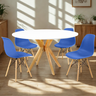 mesa de jantar redonda 120cm branca marci amadeirada com 4 cadeiras eames eiffel 3 ambiente