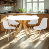 mesa de jantar redonda 120cm branca marci amadeirada com 4 cadeiras eames eiffel 6 ambiente