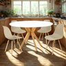 mesa de jantar redonda 120cm branca marci amadeirada com 4 cadeiras eames eiffel 9 ambiente