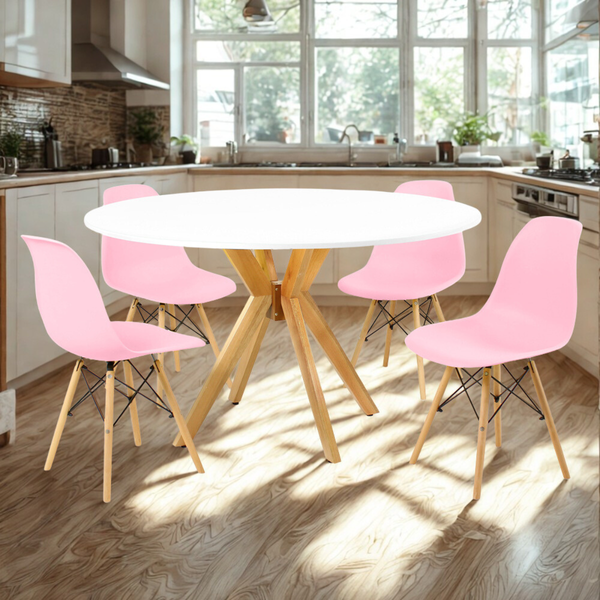 mesa de jantar redonda 120cm branca marci amadeirada com 4 cadeiras eames eiffel 11 ambiente
