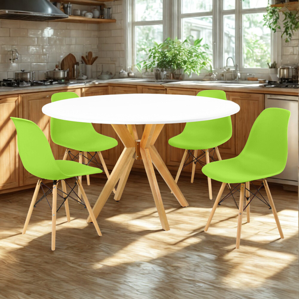 mesa de jantar redonda 120cm branca marci amadeirada com 4 cadeiras eames eiffel 13 ambiente