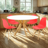 mesa de jantar redonda 120cm branca marci amadeirada com 4 cadeiras eames eiffel 1 ambiente