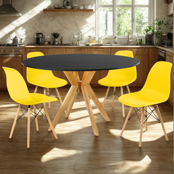 mesa de jantar redonda 120cm preta marci madeirada com 4 cadeiras eiffel magazine decor 2 ambiente