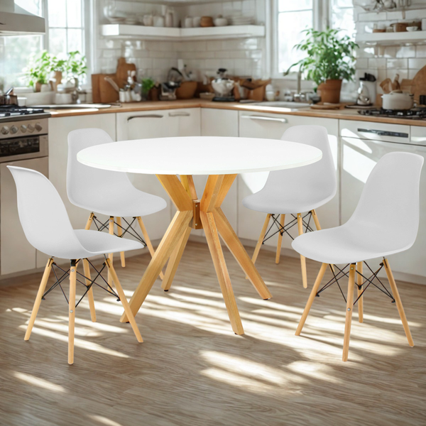 mesa de jantar redonda 100cm branca marci com 4 cadeiras eames eiffel magazine decor 6 ambiente