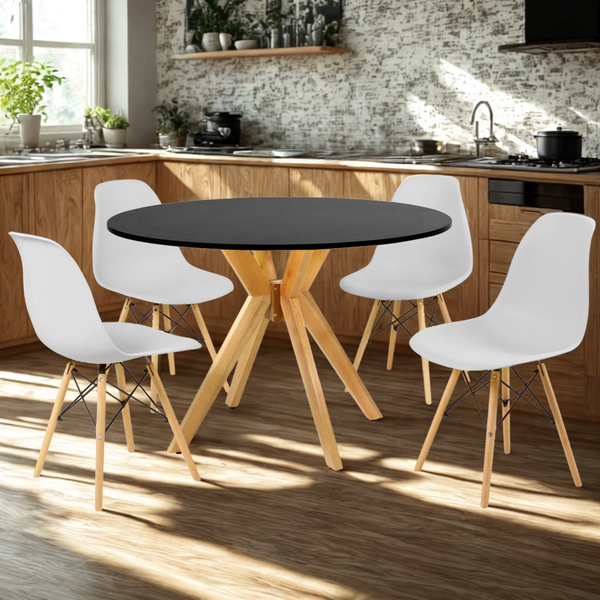 mesa de jantar redonda 100cm preta marci com 4 cadeiras eames eiffel 6 ambiente