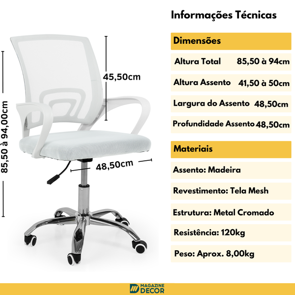 cadeira secretaria office em tela mesh base giratoria cor branco magazine decor 4