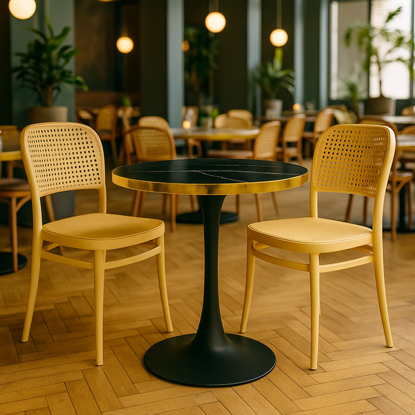 conjunto mesa de jantar redonda majestic 70cm preta com 2 cadeiras roma nude ambiente