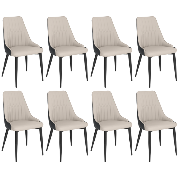 kit 8 cadeiras de jantar estofada torino design italiano costuras geometricas base em metal begecinza escuro