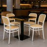 conjunto mesa de jantar redonda venezia 70x70cm preta com 4 cadeiras roma branco ambiente