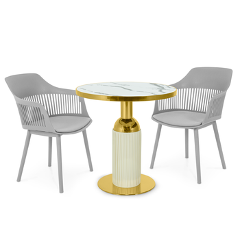 conjunto mesa de jantar redonda imperial 70cm branca com 2 cadeiras estofadas marcela cinza