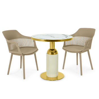 conjunto mesa de jantar redonda imperial 70cm branca com 2 cadeiras estofadas marcela nude escuro