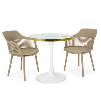conjunto mesa de jantar redonda majestic 70cm branca com 2 cadeiras estofadas marcela nude escuro