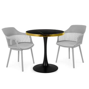 conjunto mesa de jantar redonda majestic 70cm preta com 2 cadeiras estofadas marcela cinza