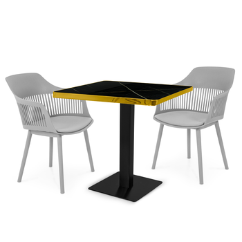 conjunto mesa de jantar quadrada venezia 70x70cm preta com 2 cadeiras estofadas marcela cinza