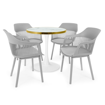 conjunto mesa de jantar redonda majestic 70cm branca com 4 cadeiras estofadas marcela cinza
