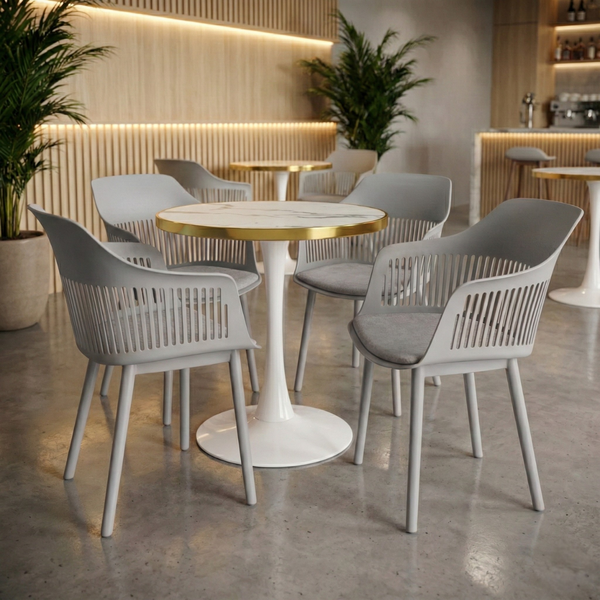 conjunto mesa de jantar redonda majestic 70cm branca com 4 cadeiras estofadas marcela cinza ambiente