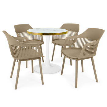 conjunto mesa de jantar redonda majestic 70cm branca com 4 cadeiras estofadas marcela nude escuro