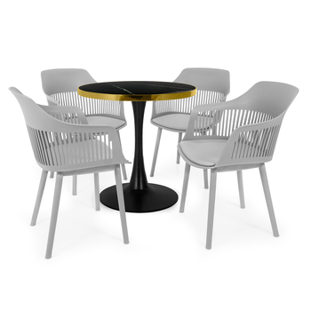 conjunto mesa de jantar redonda majestic 70cm preta com 4 cadeiras estofadas marcela cinza