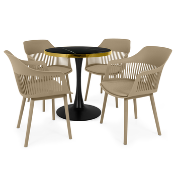 conjunto mesa de jantar redonda majestic 70cm preta com 4 cadeiras estofadas marcela nude escuro